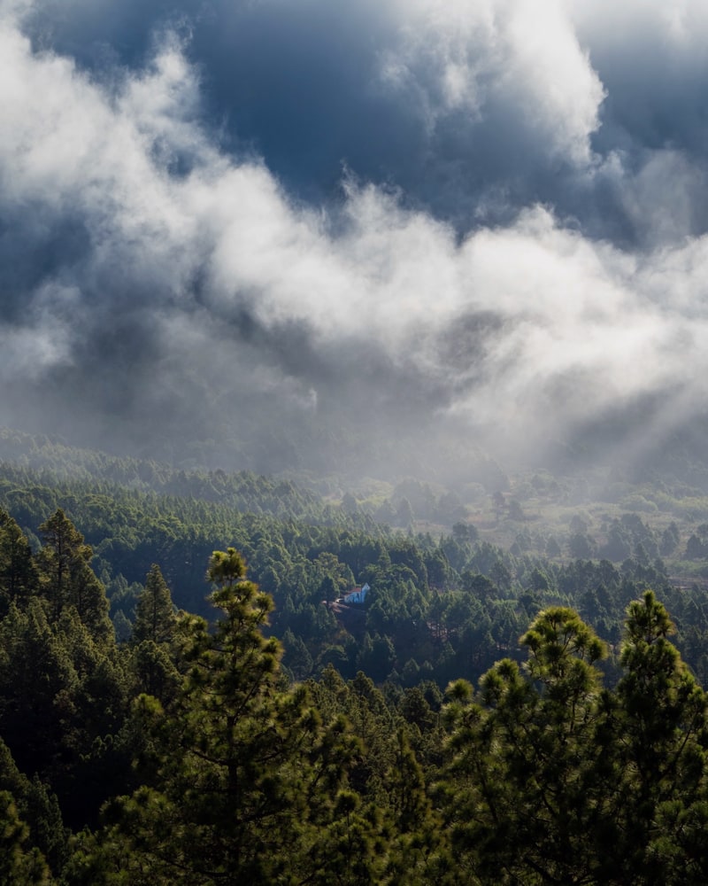 Old church in a pine forest on La Palma, while clouds are rolling over the cumbre vieja