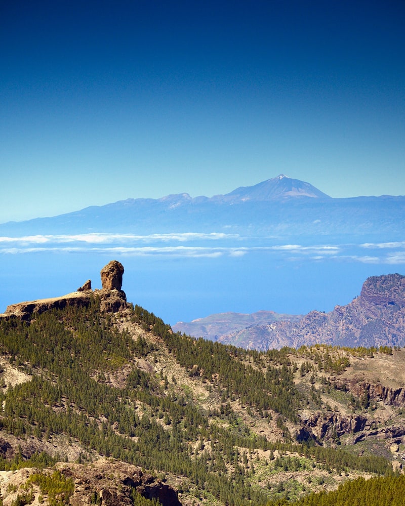 Roque Nublo as seen from Pico de las Nieves with El Teide on Tenerife in the background roughly 120km from Gran Canaria