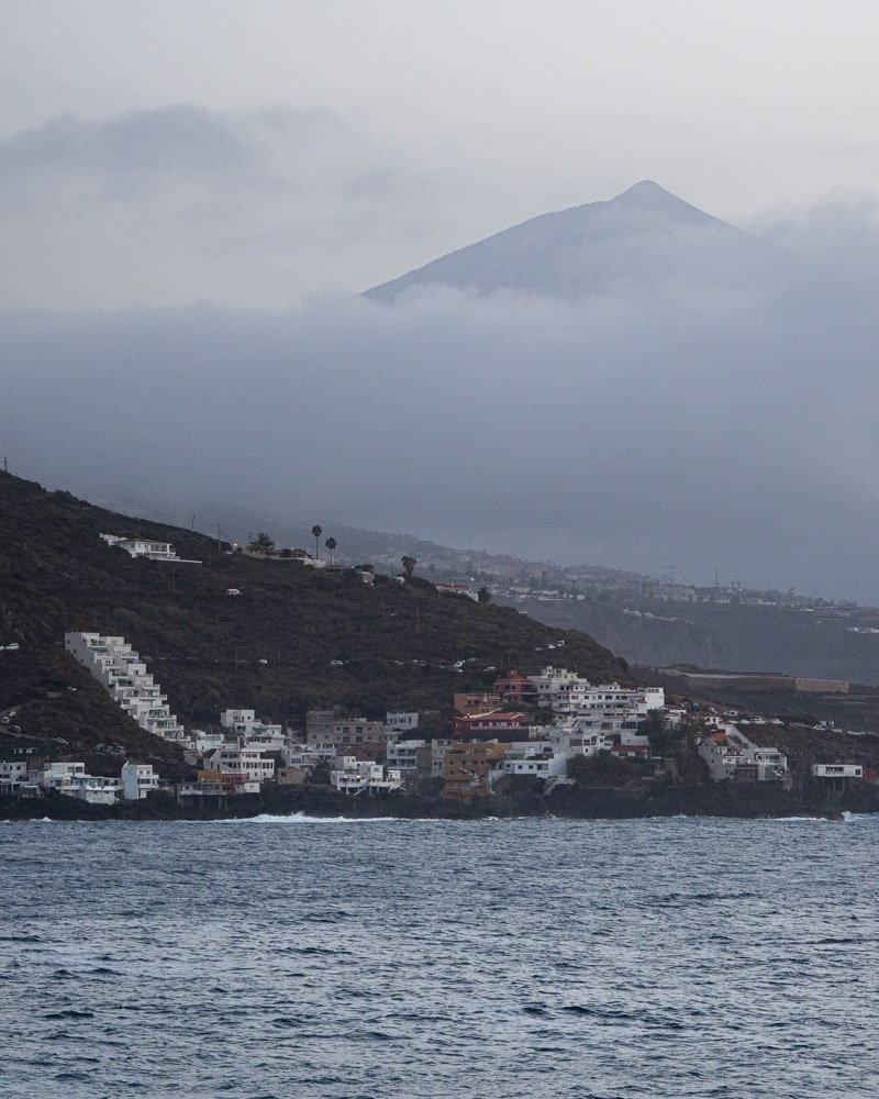 View of El Caleton and El Teide in the clouds shortly after sunset.