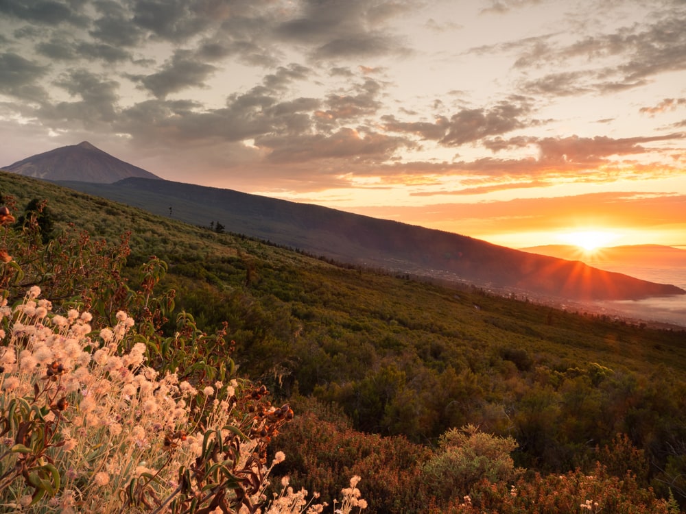 Photo of the setting sun shining on the valley of La Orotava with the Teide in the top left.