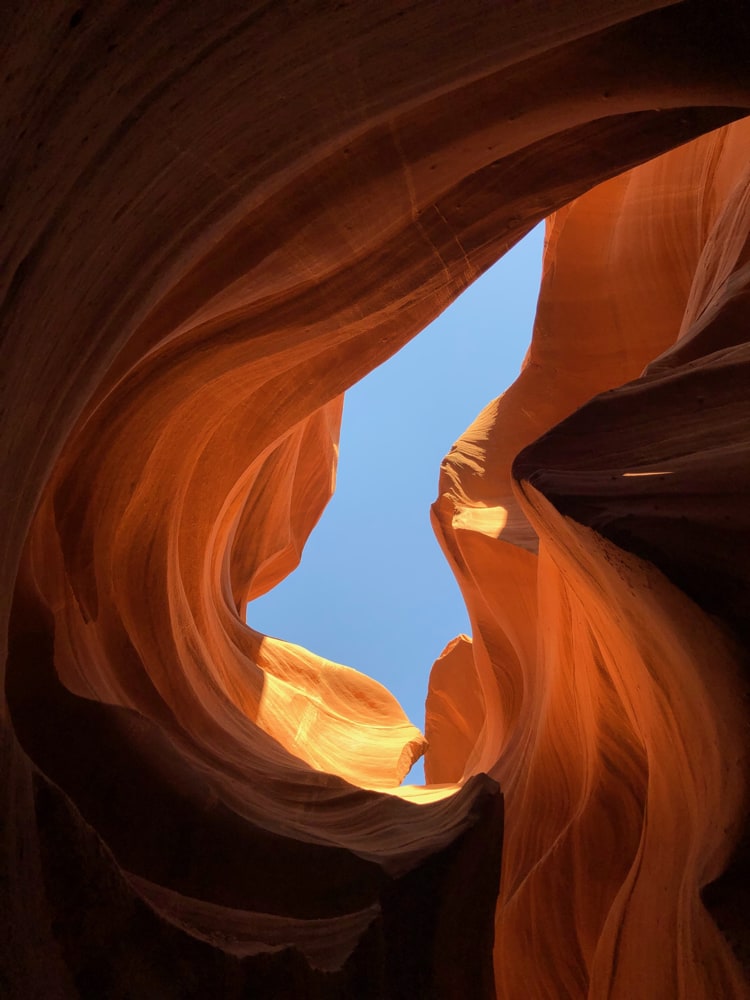 View up to the sky in Antelope Canyon