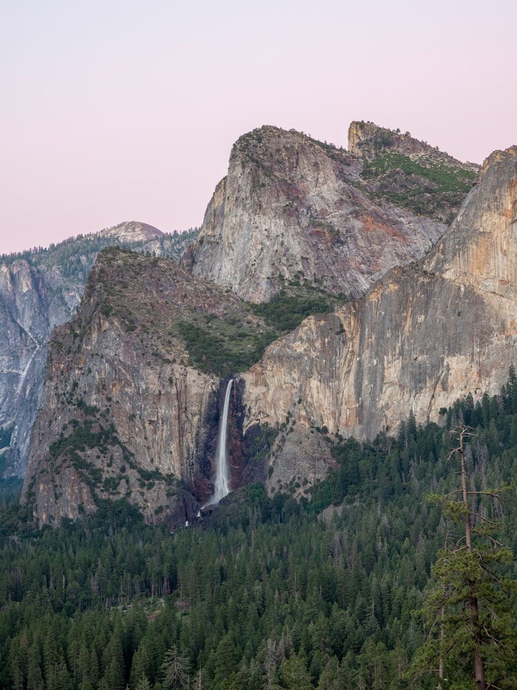 A waterfall seen from Tunnel View Lookout in Yosemite National park